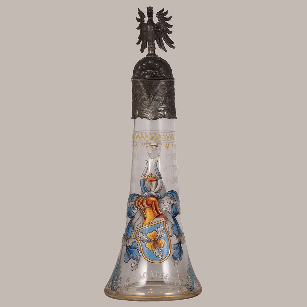 Glass cruet, 13.9" ht., blown, by August van Hauten.: Glass cruet, 13.9" ht., blown, manufactured by August van Hauten, hand-painted, pewter lid, elaborate pewter top rim with figural eagle finial, mint