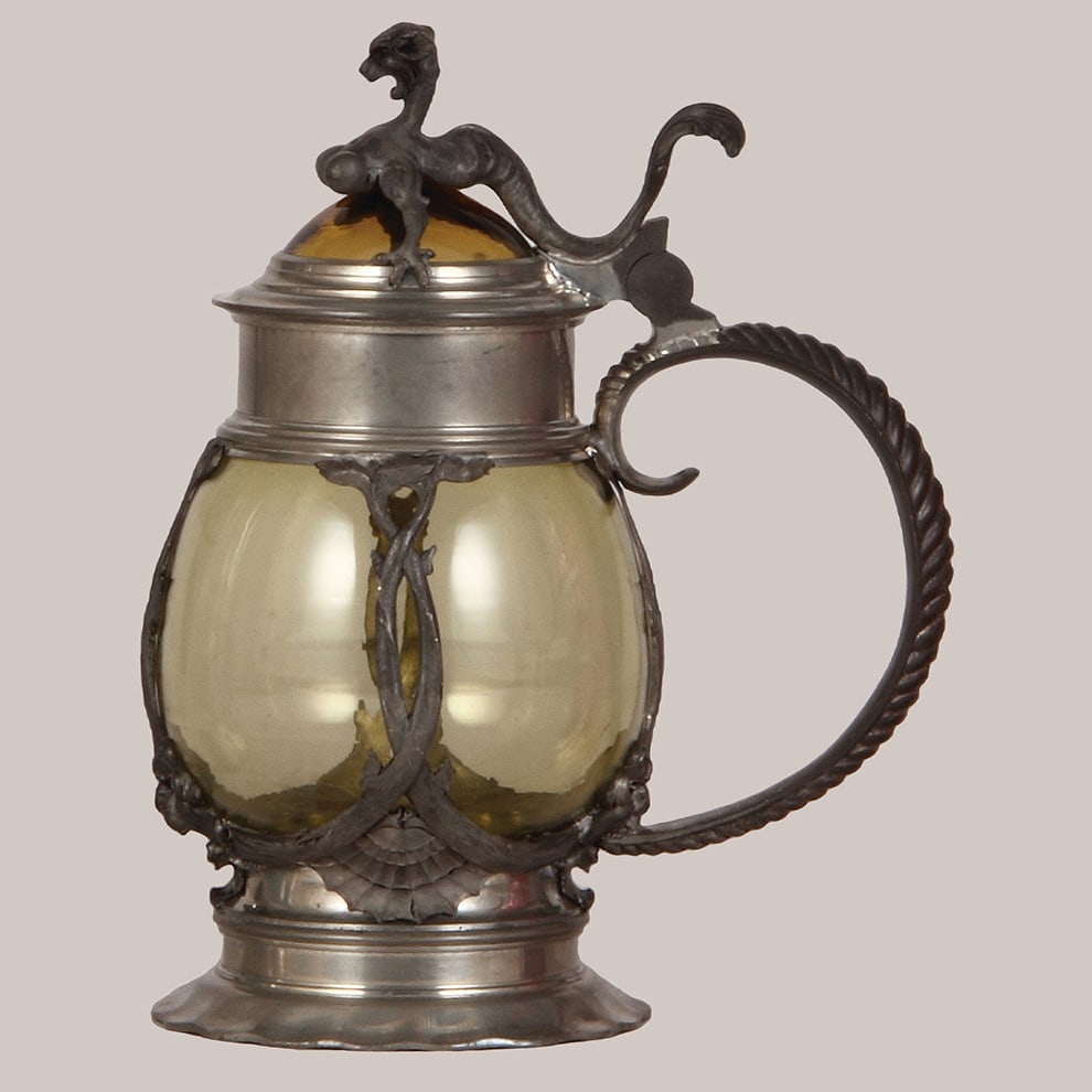 Glass stein, 1.0L, blown, amber, elaborate pewter overlay. (1 of 4)