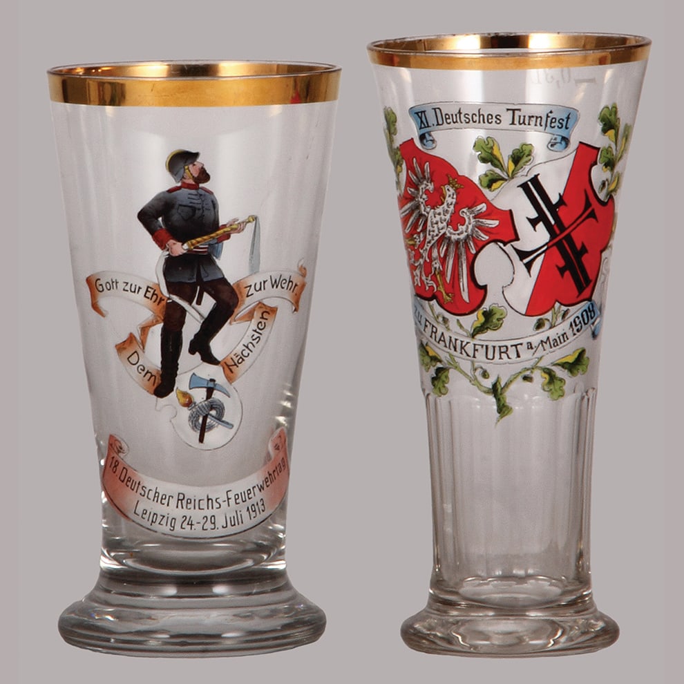 Glass beakers, two, .4L, 18. Deutscher Reichs - Feuerwehrtag, Leipzig Juli 1913.: Glass tumblers or beakers, two, .4L, 6.6" ht., blown, clear, 18. Deutscher Reichs - Feuerwehrtag, Leipzig 24. - 29. Juli 1913, Fire Department festival; with, .3L, 6.8" ht., blown, clear, faceted, han