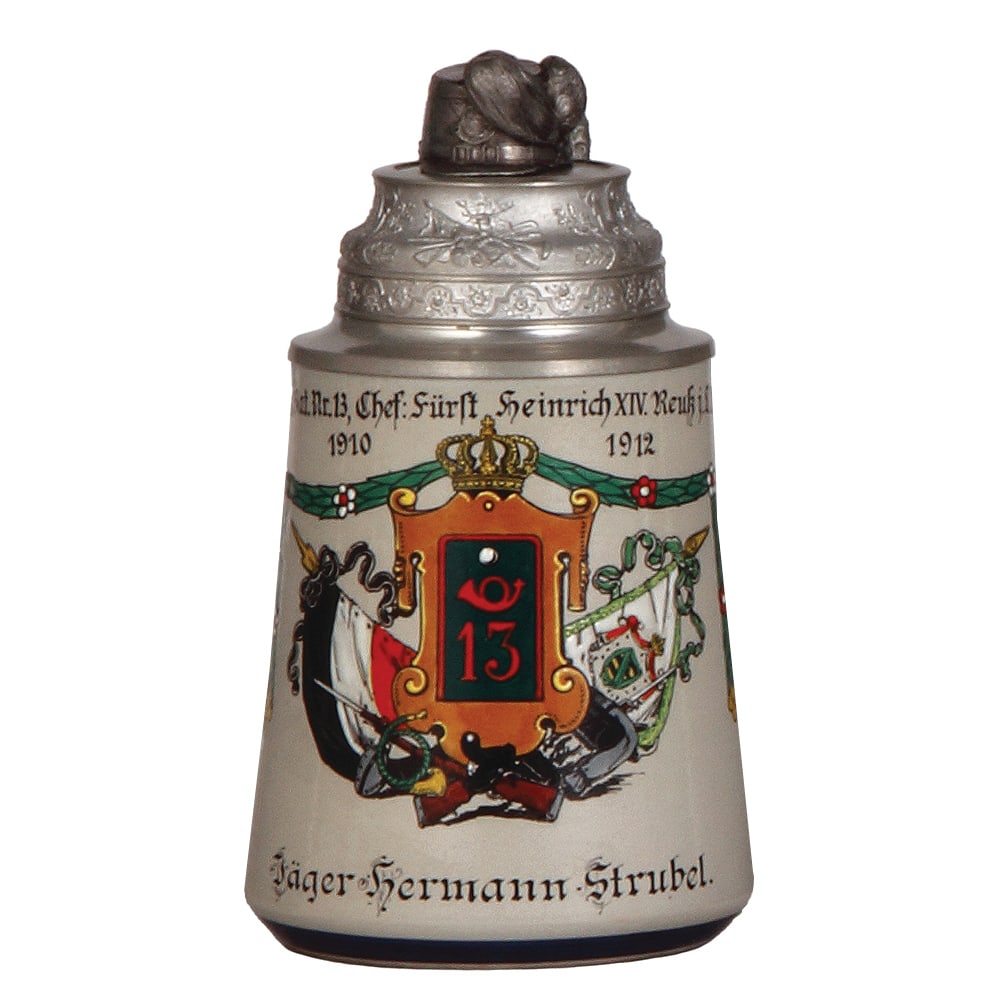 Regimental stein, .5L, Jäger Bat. Nr. 13, Dresden.: Regimental stein, .5L, 7.3" ht., stoneware, K.S. 2. Jäger Bat. Nr. 13, Fürst Heinrich, XIV. Reuk i. L.D. 3. Comp., Dresden, 1910 - 1912, no side scenes, roster, St. Hubert thumblift, named t