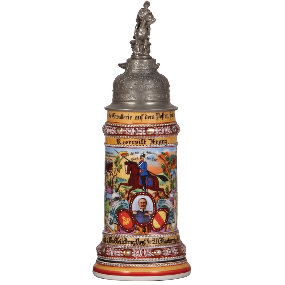 Regimental stein, .5L, Drag. Regt. Nr. 20, Karlsruhe.: Regimental stein, .5L, 12.8" ht., porcelain, 3. Esk., Drag. Regt. Nr. 20, Karlsruhe, 1910 - 1913, four side scenes, roster, griffin thumblift, named to: Reservist Franz, minor pewter tear, otherwise