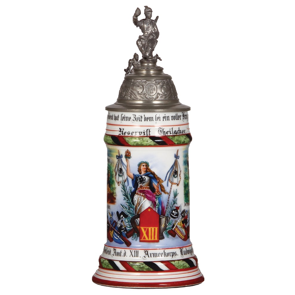 Regimental stein, .5L, Bekleid. Amt. d. XIII. Armeekorps, Ludwigsburg.: Regimental stein, .5L, 11.0" ht., porcelain, 1. Comp., Bekleid. Amt. d. XIII. Armeekorps, Ludwigsburg, 1904 - 1906, two side scenes, roster, Württemberg thumblift, named to: Reservist Theilacker,