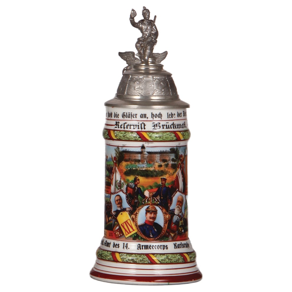 Regimental stein, .5L, Bekl. Amt. des 14. Armeecorps, Karlsruhe.: Regimental stein, .5L, 11.0" ht., porcelain, Bekl. Amt. des 14. Armeecorps, Karlsruhe, 1906 - 1908, four side scenes, roster, griffin thumblift, named to: Reservist Brückmann, finial reattached, 