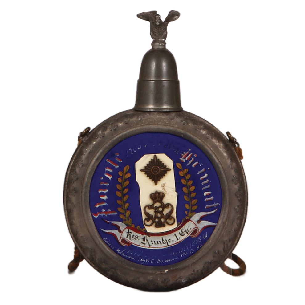 Regimental flask, .25L, Ulanen Regt. Nr. 13.: Regimental flask, .25L, glass & metal, Ulanen Regt. Nr. 13, 1898 - 1901, named to: Res. Kuntze, mint.