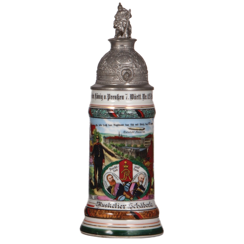 Regimental stein, .5L, Inft. Regt. Nr. 125, Stuttgart.: Regimental stein, .5L, 12.0" ht., porcelain, 3. Comp., Inft. Regt. Nr. 125, Stuttgart, 1910 - 1912, four side scenes, roster, Württemberg thumblift, named to: Musketier Schäberle, mint.