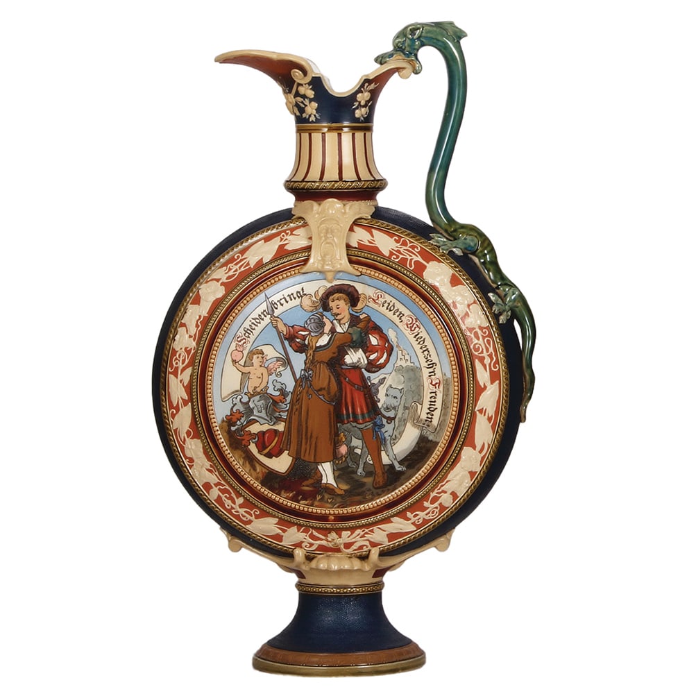 Mettlach pitcher, 20.0" ht., 2381, etched.: Mettlach pitcher, 20.0" ht., 2381, etched, dragon handle, two scenes, mint, rare to find in mint condition.