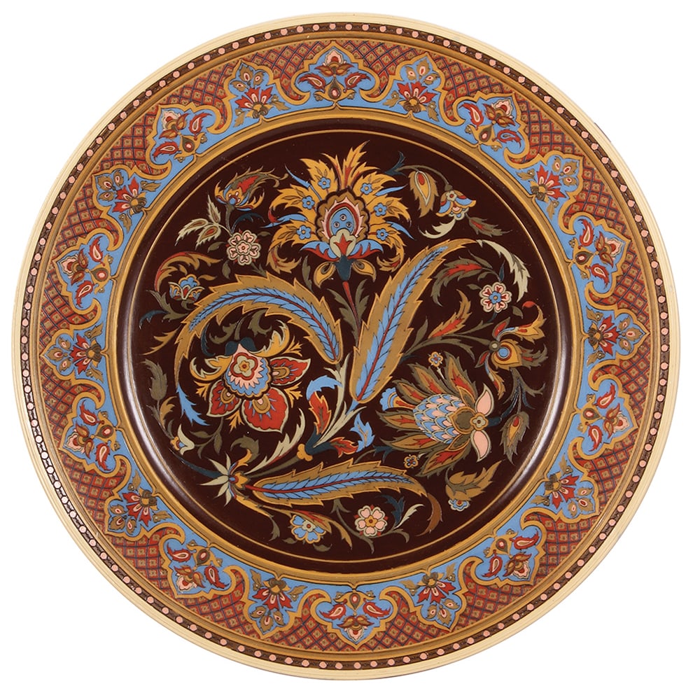 Mettlach plaque, 21.5" d., 1404, etched.: Mettlach plaque, 21.5" d., 1404, etched, geometric & floral, 142 years old, manufactured 1884, mint.