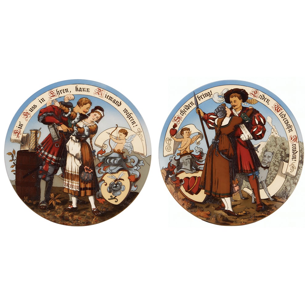 Mettlach plaques, pair, 15.0" d., 2322 & 2323, etched. (1 of 3)