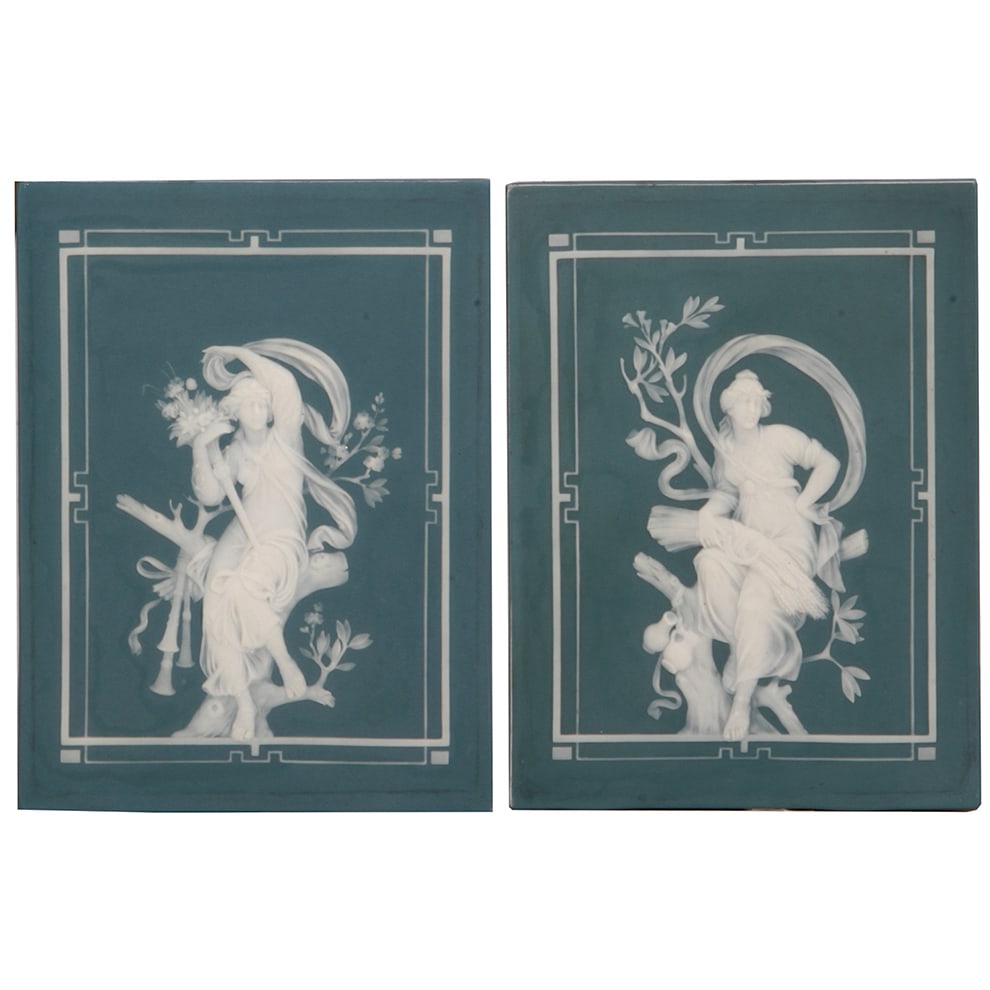 Mettlach plaques, pair, 6.0" x 8.0", 7075 & 7076, phanolith. (1 of 4)