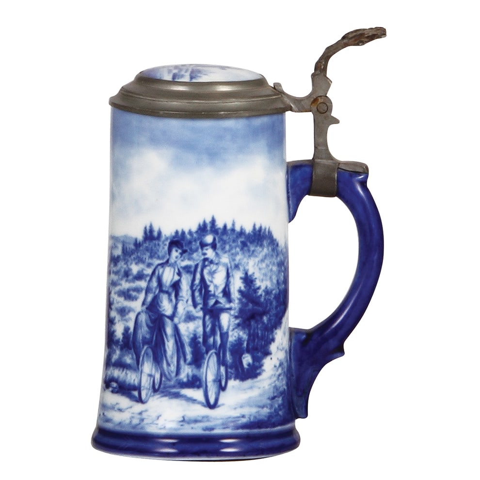 Porcelain stein, .5L, marked Delft Germany, bicycles. (1 of 3)