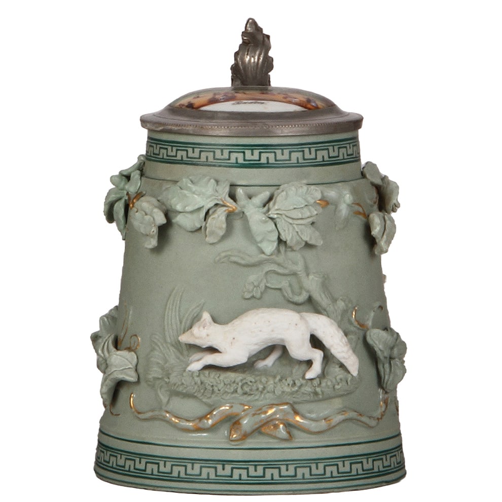 Porcelain stein, 1.0L, relief & hand-molded, deer, fox & birds. (1 of 4)