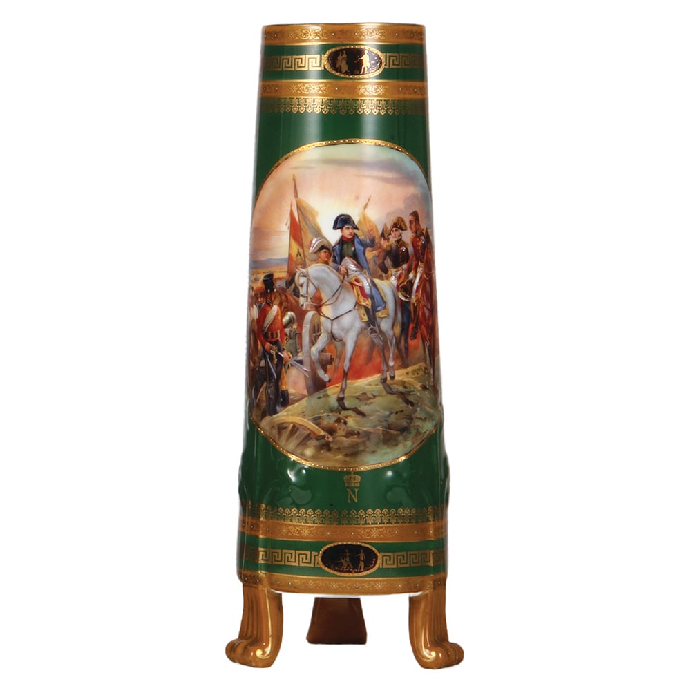 Porcelain vase, 13.4" ht., Bataille de Friedland, Napolean.: Porcelain vase, 13.4" ht., transfer & hand-painted, marked with a crown and N, Bataille de Friedland, Napolean, mint.