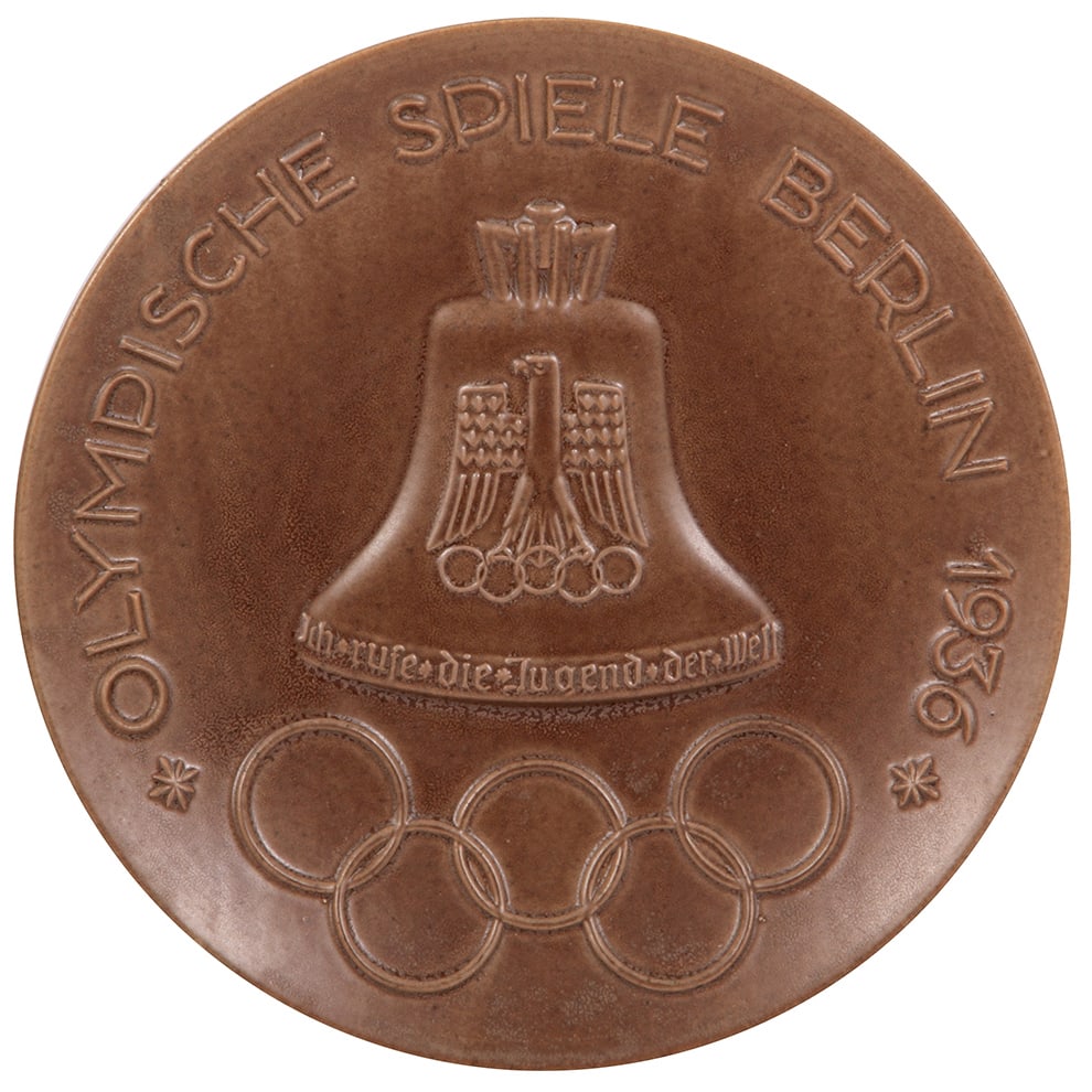 Olympics 1936 plaque, 11.9" d., Olympische Spiele Berlin, 1936.: Olympics 1936 plaque, 11.9" d., pottery, Olympische Spiele Berlin, 1936, rare, mint.