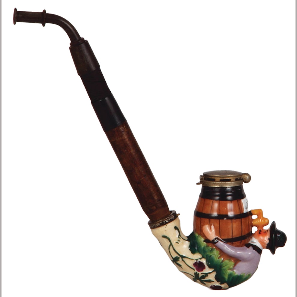 Character pipe, 10.0" ht., man drinking directly below barrel.: Character pipe, 10.0" ht., including stem, bowl with lid, 3.2" ht., marked Ges. Ges., man drinking directly below barrel, Hoch Gambrinus on the barrel, very good condition.