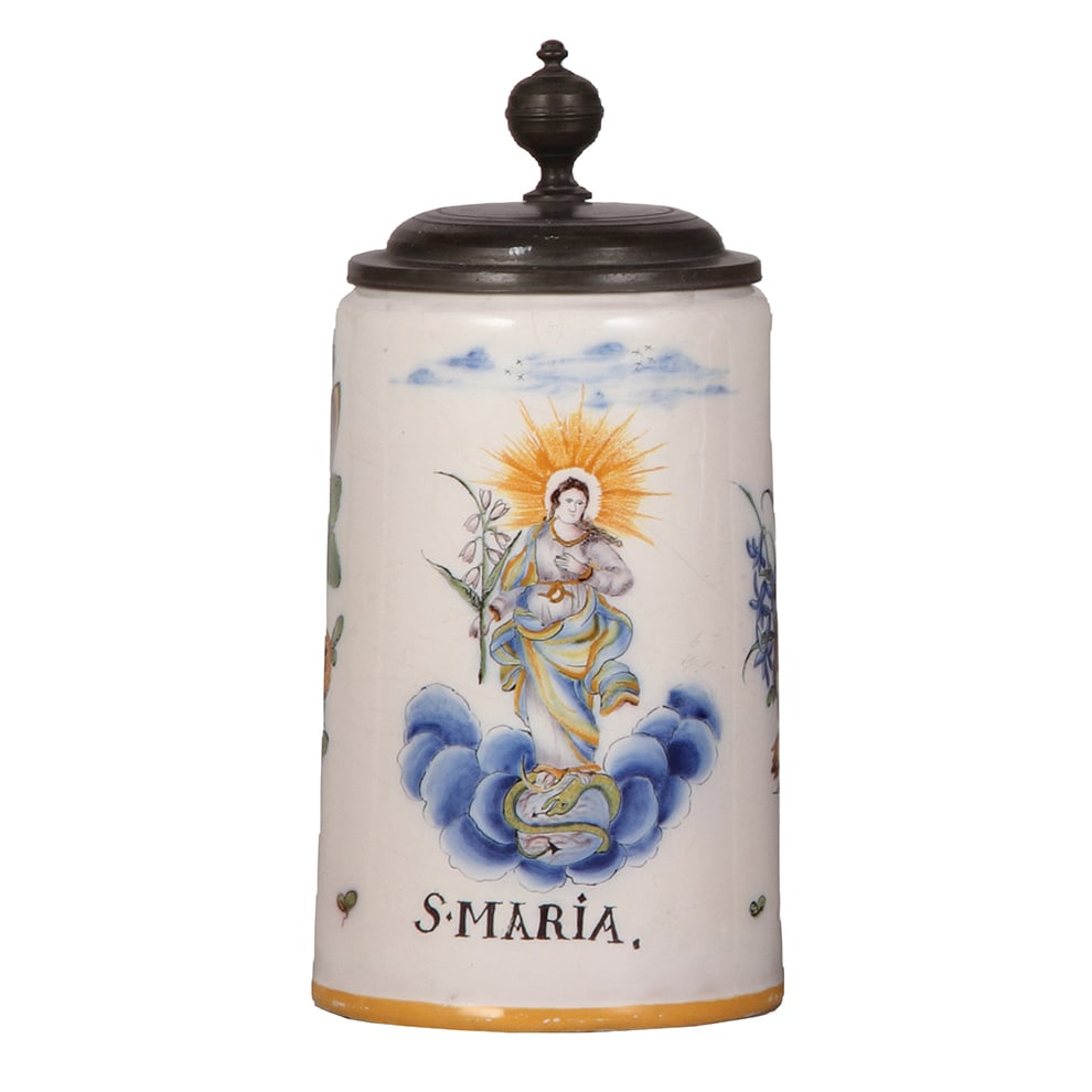 Faience stein, 9.4" ht., mid 1700s, Wiesbadener Walzenkrug, Maria. (1 of 5)