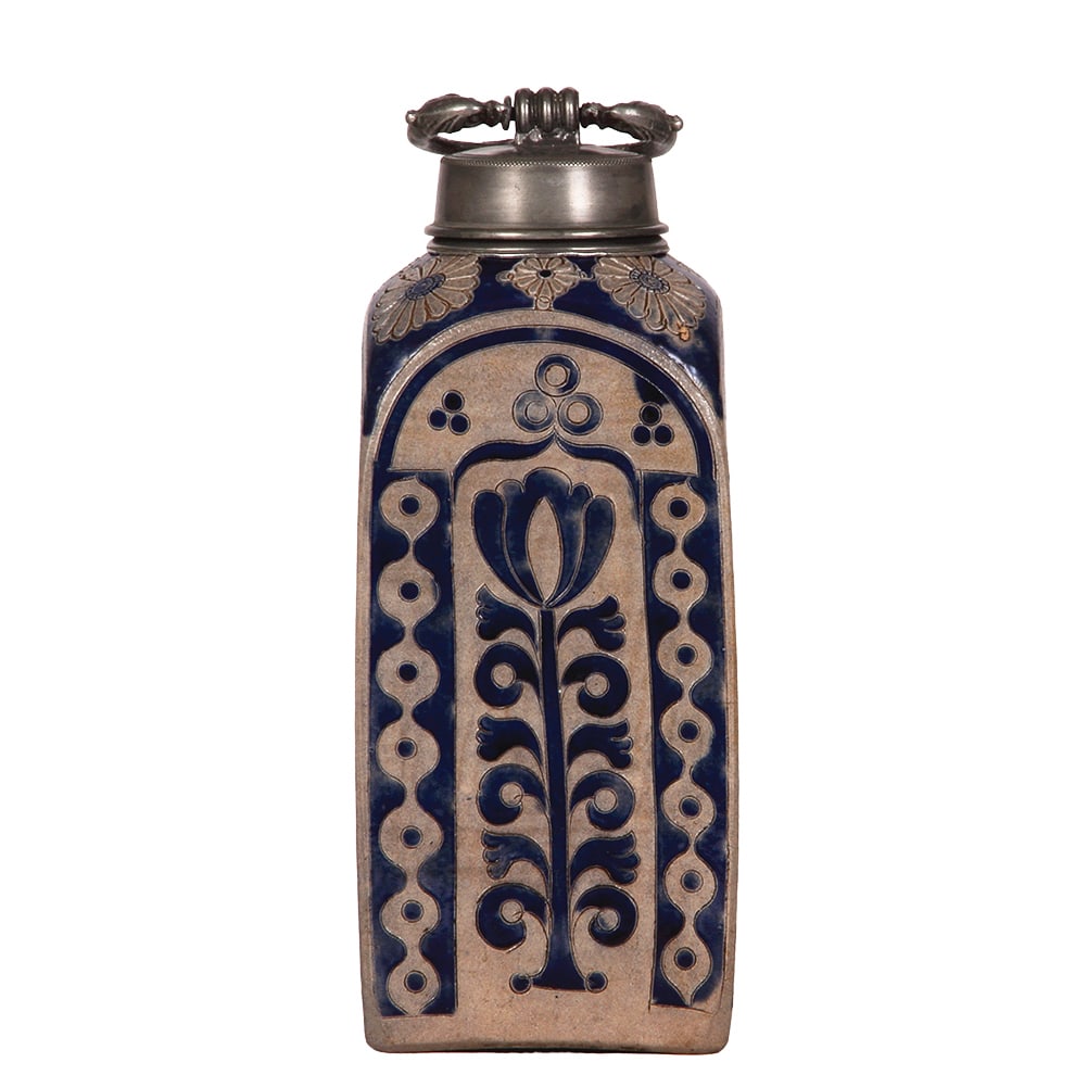 Westerwälder Flasche, 11.2" ht., early 1700s.: Westerwälder Flasche, 11.2" ht., early 1700s, blue saltglaze, hand-engraved, four sided, pewter screw cap, professional restoration of the pewter, body very good condition.