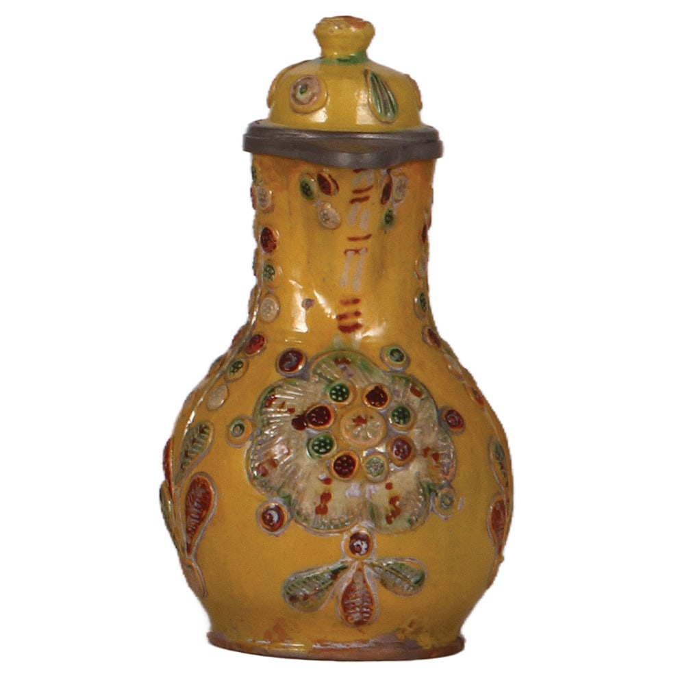 Slovakian pitcher, 7.5" ht., 1800s.: Slovakian pitcher, terra cotta, 7.5" ht., 1800s, small rim chips repaired.