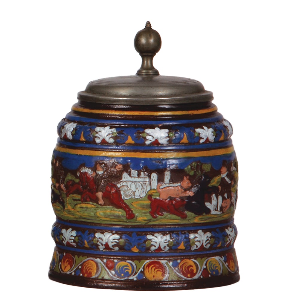 Creussen Jagdhumpen, 7.6" ht., stoneware, late 1600s.: Creussen Jagdhumpen, 7.6" ht., stoneware, late 1600s, rare scene of hunting dogs & wild animals, old pewter lid, excellent repair of two hairlines, very good overall appearance.