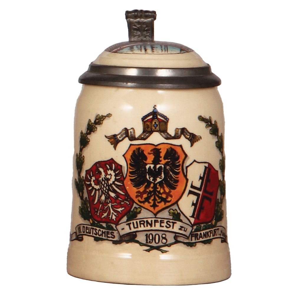 Mettlach stein, .5L, 1526, 11. Deutsches Turnfest zu Frankfurt a./Main 1908.: Mettlach stein, .5L, 1526, transfer & hand-painted, 11. Deutsches Turnfest zu Frankfurt a./Main 1908, custom inlaid lid of skyline, mint.
