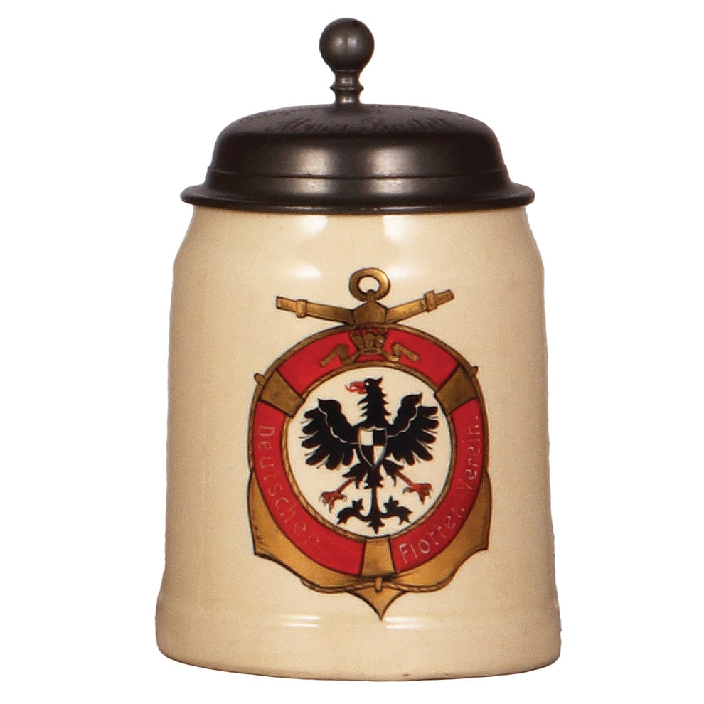 Mettlach stein, .5L, 1526, Deutscher Flotten-Verein.: Mettlach stein, .5L, 1526, hand-painted, Deutscher Flotten-Verein, pewter lid, inscription: Die Ruder und Segel Abteilung Ortsgruppe Stettin des D.F.I.V., mint.