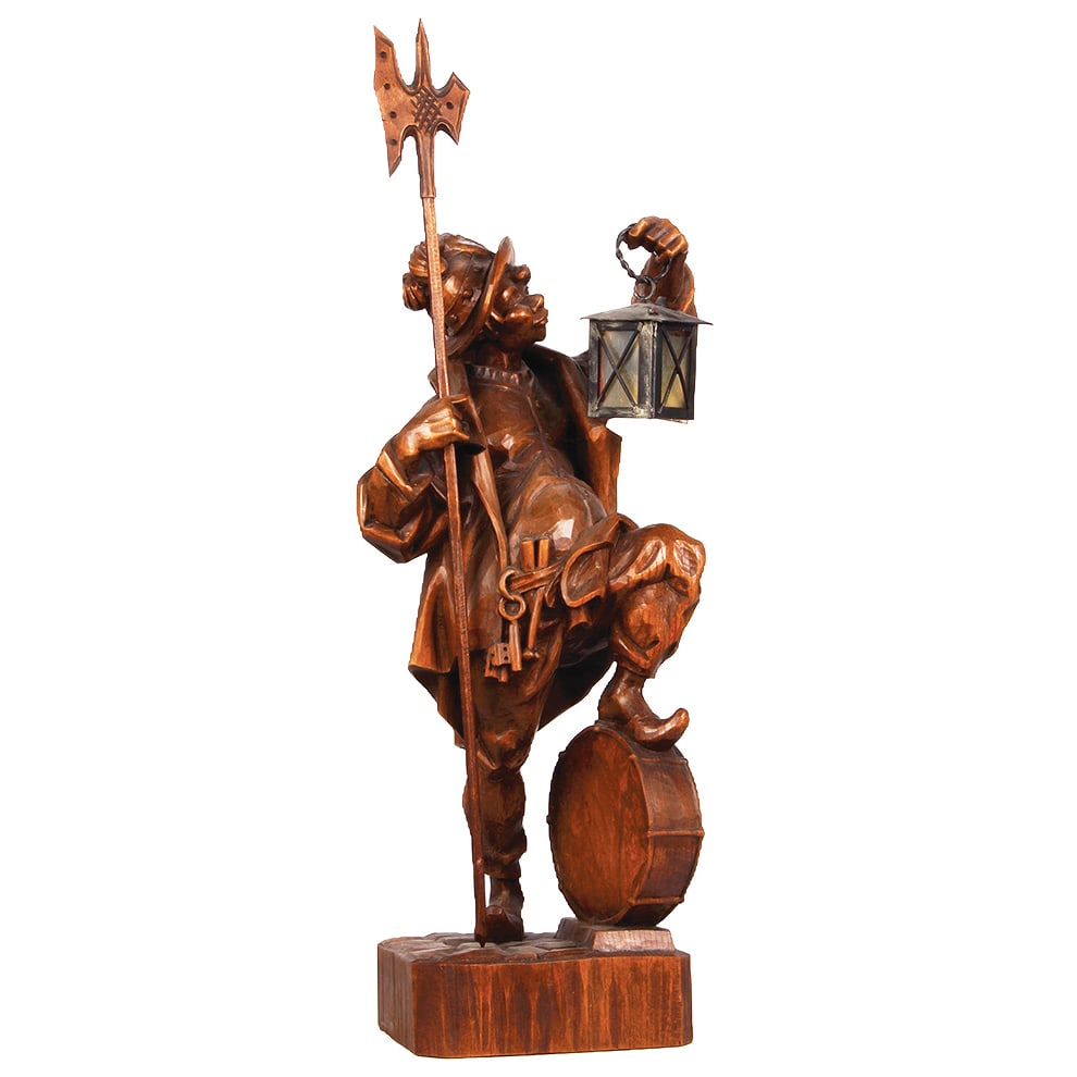 Black Forest wood carving, 25.0'', Night Watchman.: Black Forest wood carving, 25.0'' ht. x 8.5'' w. x 8.0'' deep, linden wood, Night Watchman with foot on drum, mid to late 1900s, metal lantern, light has been rewired & working properly, very good qua
