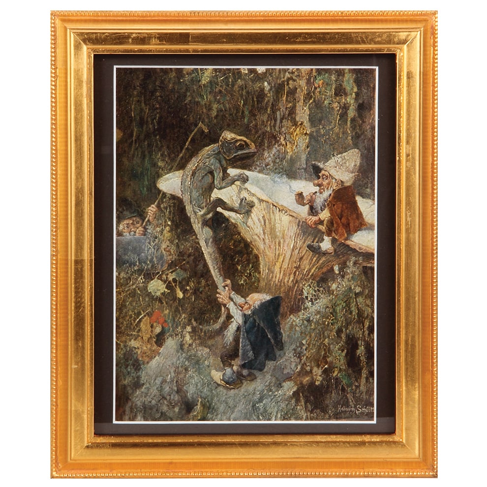 Heinrich Schlitt lithograph, frame 9.7" x 11.8" ht.: Heinrich Schlitt lithograph, frame 9.7" x 11.8" ht., three dwarfs with lizard on toadstool mushroom, matting & glass in frame, very good condition.