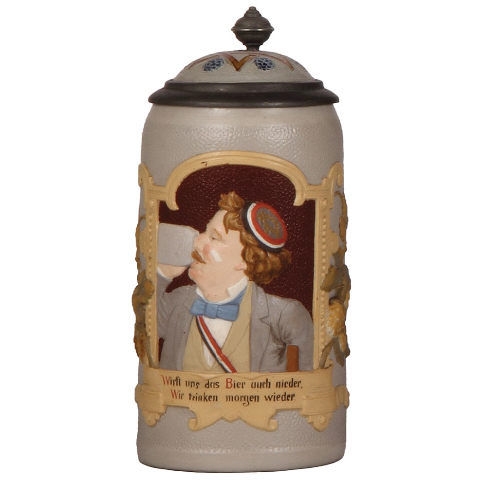 Mettlach stein, 1.0L, 1756, decorated relief, fraternity student. (1 of 3)
