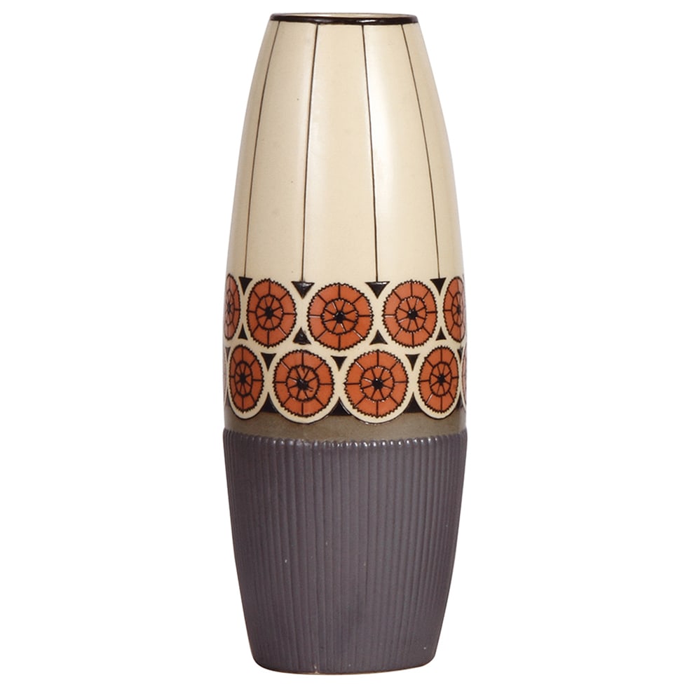 Mettlach vase, 12.2" ht., 3357, etched.: Mettlach vase, 12.2" ht., 3357, etched , Art Deco, mint.