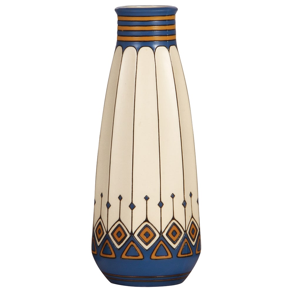 Mettlach vase, 10.5" ht., 3076, etched.: Mettlach vase, 10.5" ht., 3076, etched, Art Deco, mint.