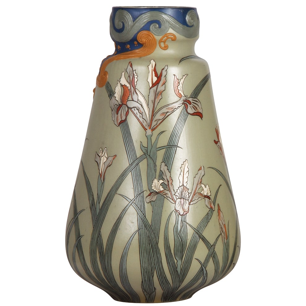 Mettlach vase, 13.3" ht., 2422, etched.: Mettlach vase, 13.3" ht., 2422, etched, Art Nouveau, mint.
