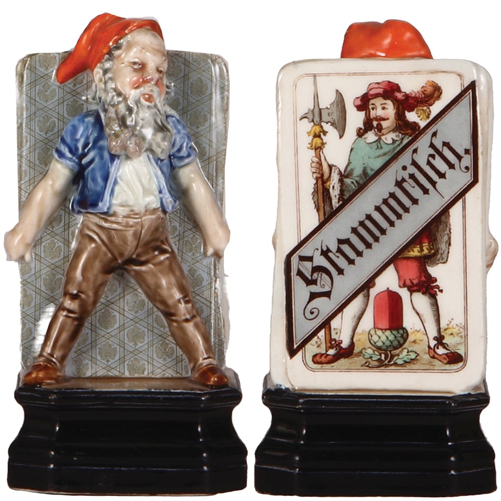 Villeroy & Boch Dresden table figurine, 7.4" ht., Stammtisch.: Villeroy & Boch Dresden table figurine, 7.4" ht., Stammtisch, dwarf holding two cards, professional repair to small chips on edges, displays very well.