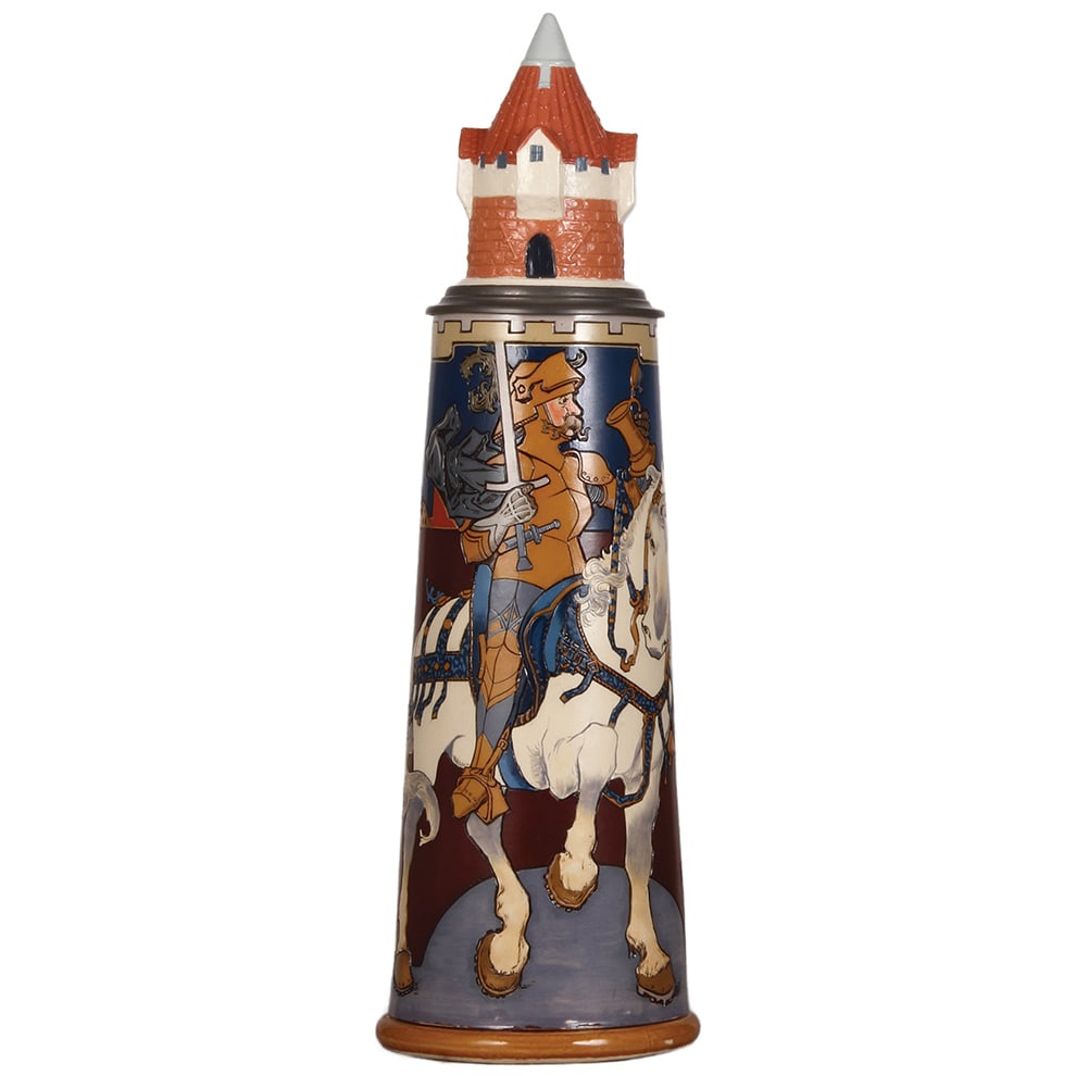 Mettlach stein, 5.8L, 2764, etched.: Mettlach stein, 5.8L, 25.0" ht., 2764, etched, by H. Schlitt, inlaid lid, tight 8" crack in rear uneven pewter rim.