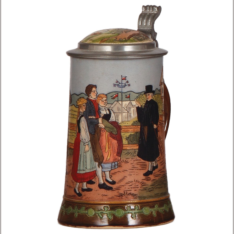 Hauber & Reuther stein, pottery, .5L, etched.: Hauber & Reuther stein, pottery, .5L, etched, marked H.R. 406, family meeting Pastor in street, inlaid lid, mint.