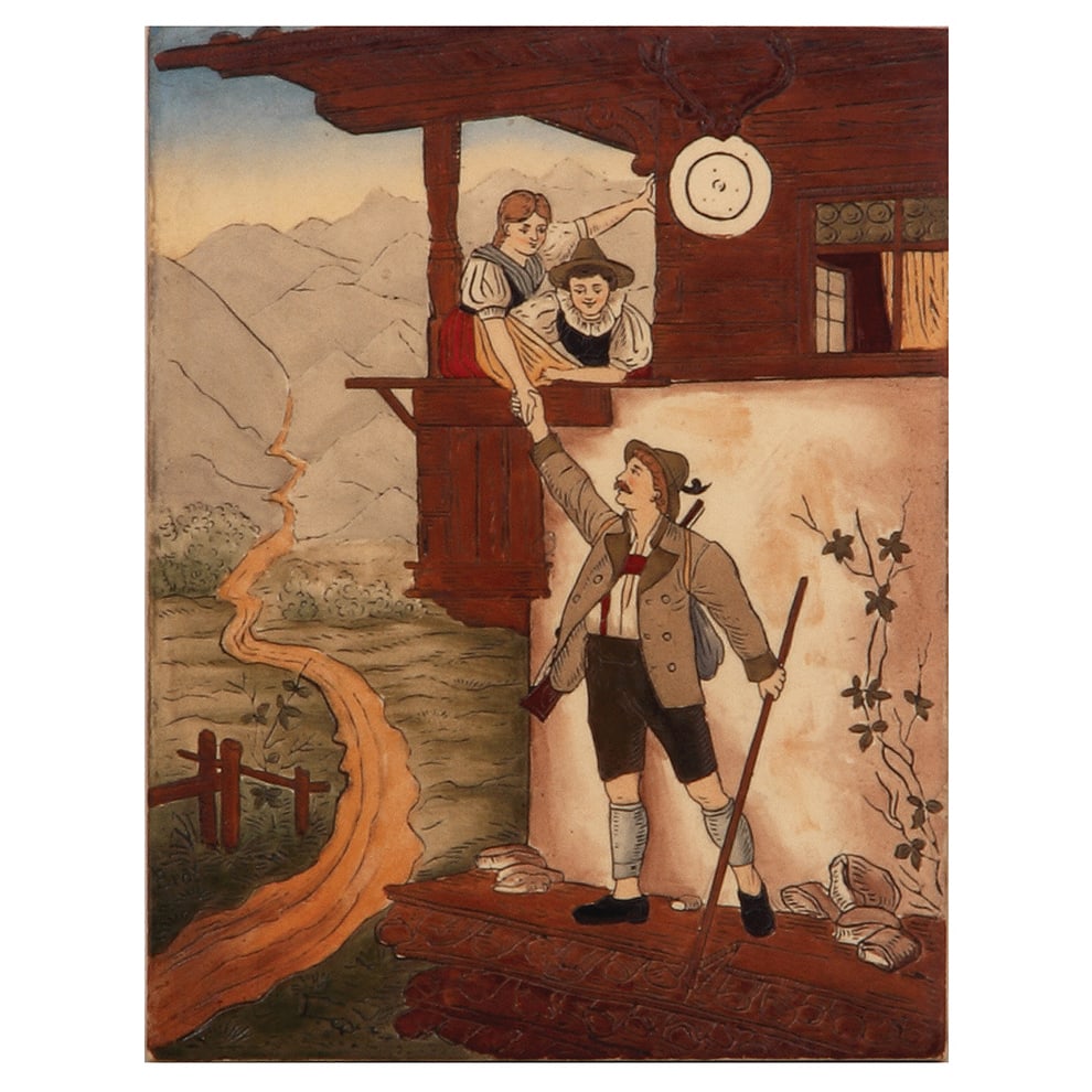 Hauber & Reuther plaque, 5.3" x 6.8", pottery, etched, marked H.R. 1004.: Hauber & Reuther plaque, 5.3" x 6.8", pottery, etched, marked H.R. 1004, made by Hauber & Reuther, hunter's departure, rare, mint.