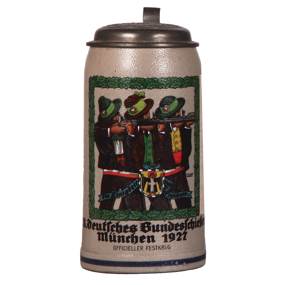 Stoneware stein, 1.0L, 18. Deutsches Bundesschiessen, München 1927. (1 of 4)