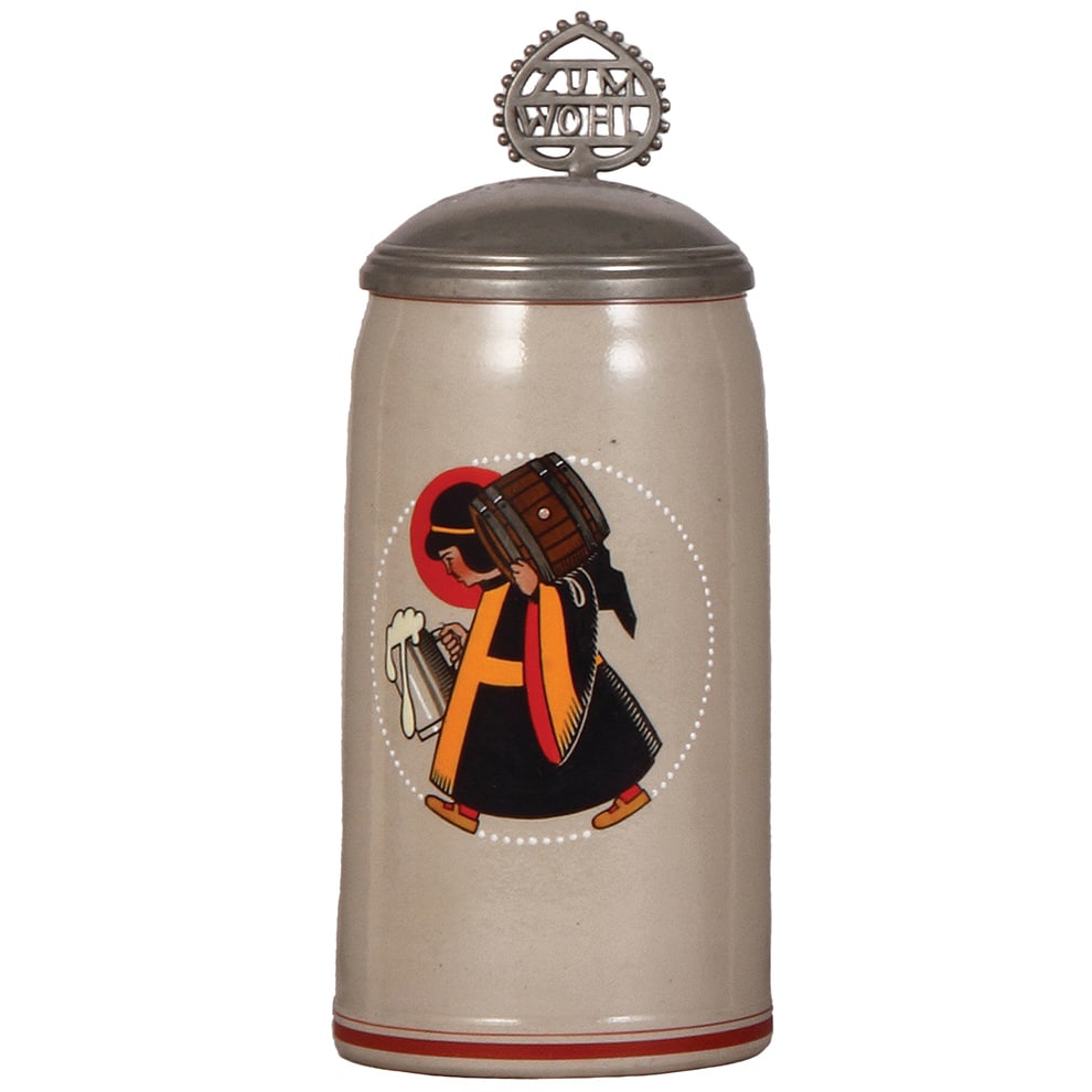 Stoneware stein, 1.0L, Münchner Kindl carrying beer & barrel. (1 of 3)