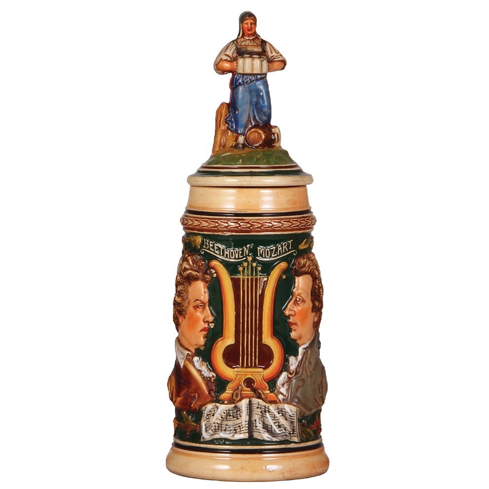 Pottery stein, .5L, relief, composers Beethoven & Mozart. (1 of 3)