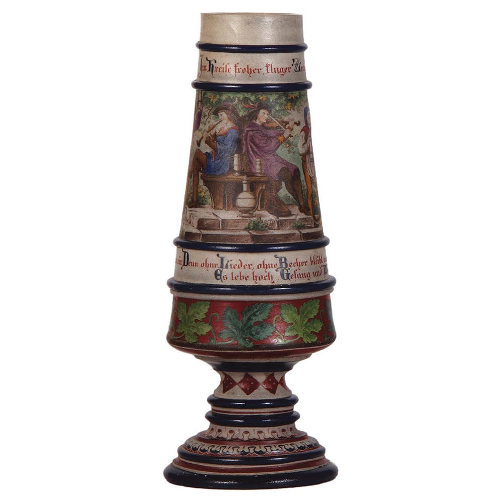 Stoneware pokal, 12.8" ht., hand-painted, marked Sältzer.: Stoneware pokal, 12.8" ht., hand-painted, marked Sältzer, continuous wraparound scene, very good condition.