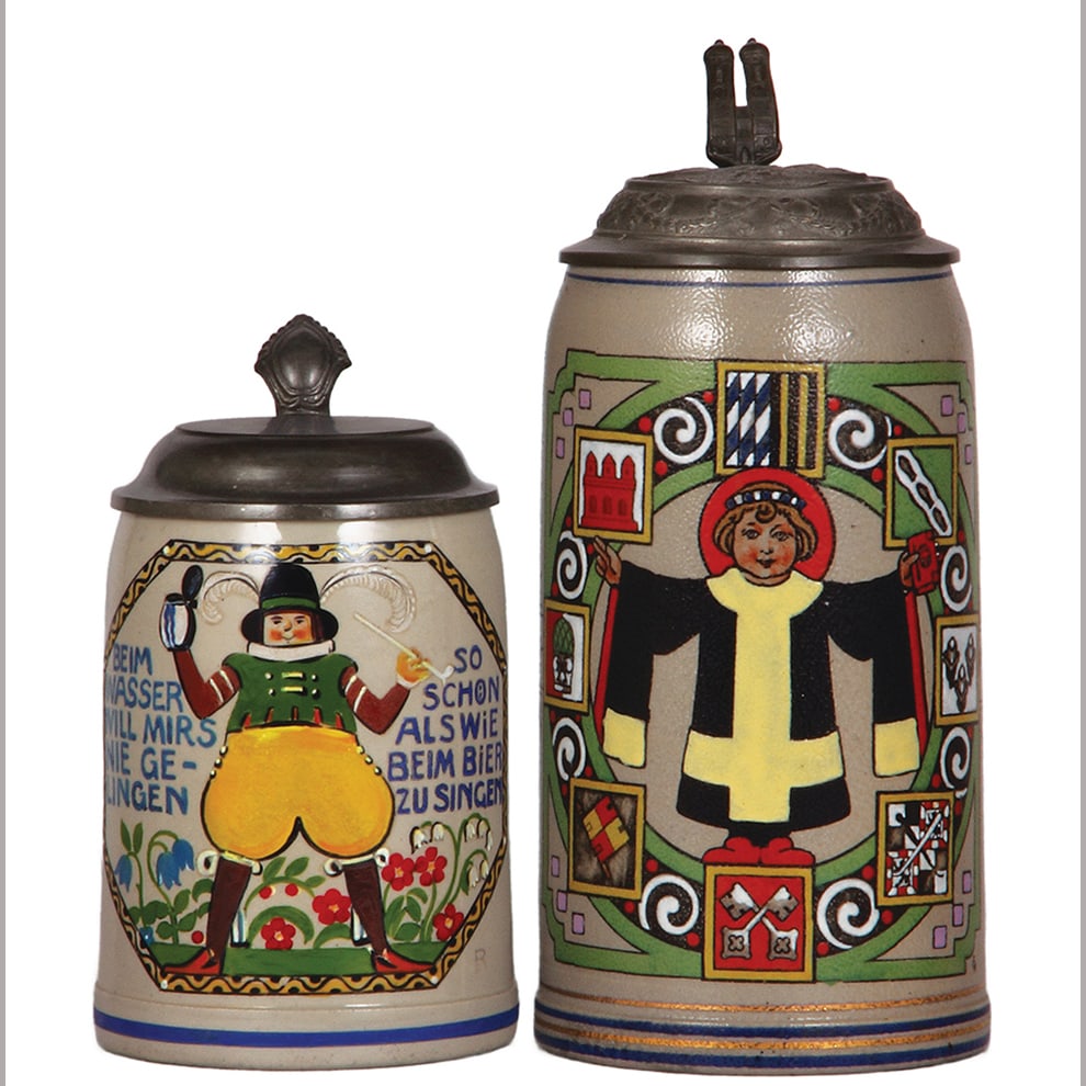 Stoneware steins, two, .5L, transfer & hand-painted, by Franz Ringer. (1 of 5)