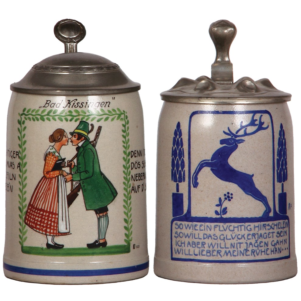 Franz Ringer steins, two, both stoneware, .5L, transfer & hand-painted. (1 of 5)