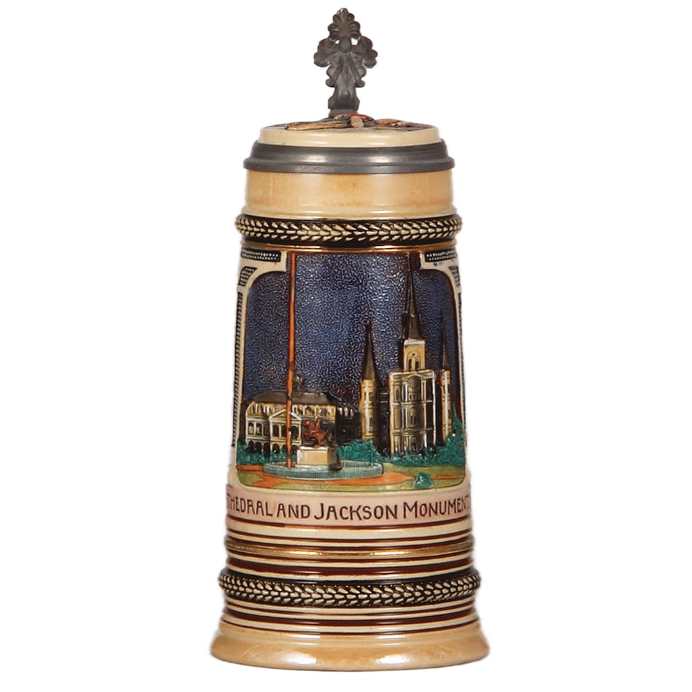 Pottery stein, .5L, relief, St. Louis Cathedral and Jackson Monument, New Orleans.: Pottery stein, .5L, relief, marked 6041, by Marzi & Remy, St. Louis Cathedral and Jackson Monument, New Orleans, inlaid lid, mint.