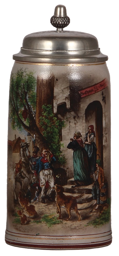 Stoneware stein, 1.0L, Gasthaus zum v. Rappel.: Stoneware stein, 1.0L, transfer & hand-painted, marked Th. Schmid München, Gasthaus zum v. Rappel, pewter lid, mint.