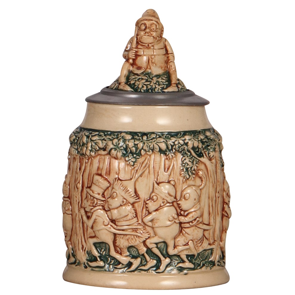 Pottery stein, .5L, Palmer Cox Brownies.: Pottery stein, .5L, relief, marked Gerz 0130, Palmer Cox Brownies, inlaid lid, faint 1" line at top rim.