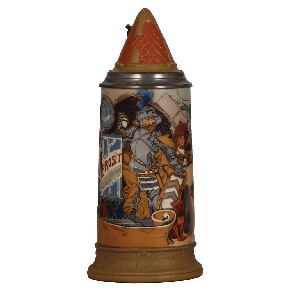 Mettlach stein, .5L, 2580, etched.: Mettlach stein, .5L, 2580, etched, by Heinrich Schlitt, Die Kannenburg, inlaid lid, mint.