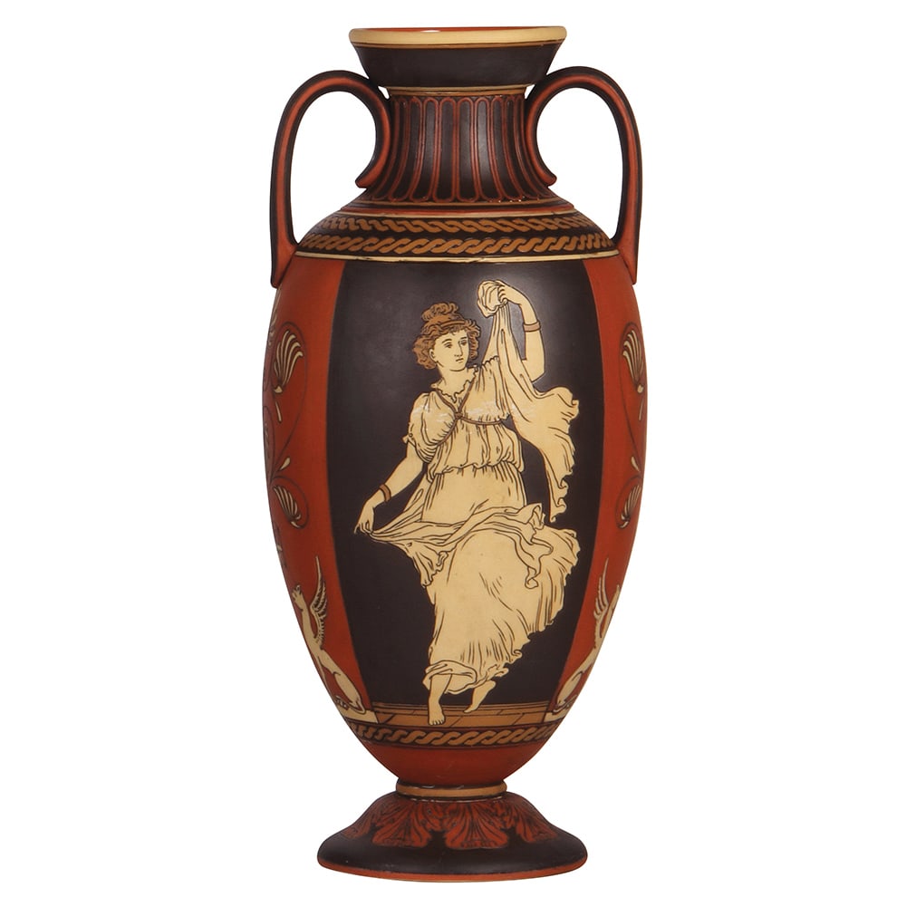 Mettlach vase, 15.5" ht., 2453, etched.: Mettlach vase, 15.5" ht., 2453, etched, Etruscan style, with handles, mint