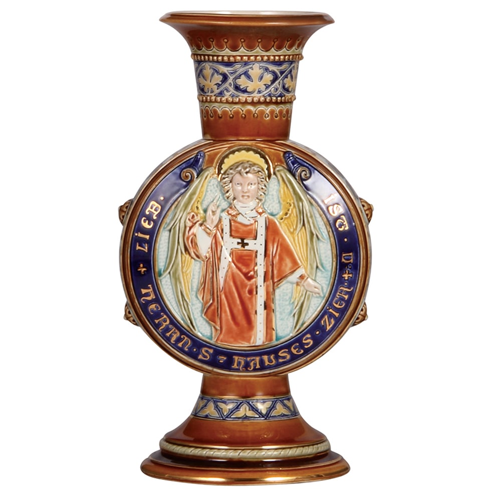 Mettlach vase, 11.2'' ht., 1582, decorated relief.: Mettlach vase, 11.2'' ht., 1582, decorated relief, religious scenes, rare, very good rim chip repair. Color photocopy from original catalog page, Keramische Vasen für kirchliche Zwecke, is