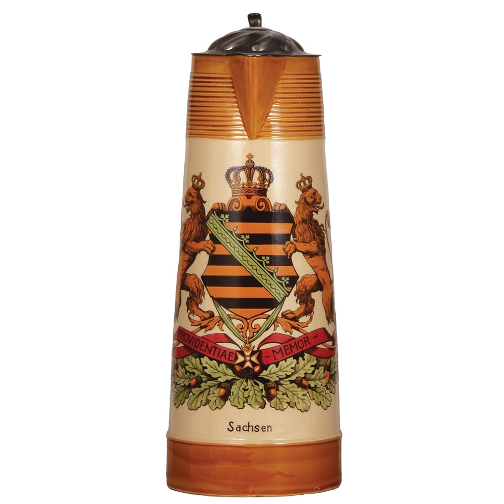 Mettlach stein, 3.2L, 15.2" ht., 1290D[2893], PUG.: Mettlach stein, 3.2L, 15.2" ht., 1290D[2893], PUG, Sachsen, pewter lid, mint.