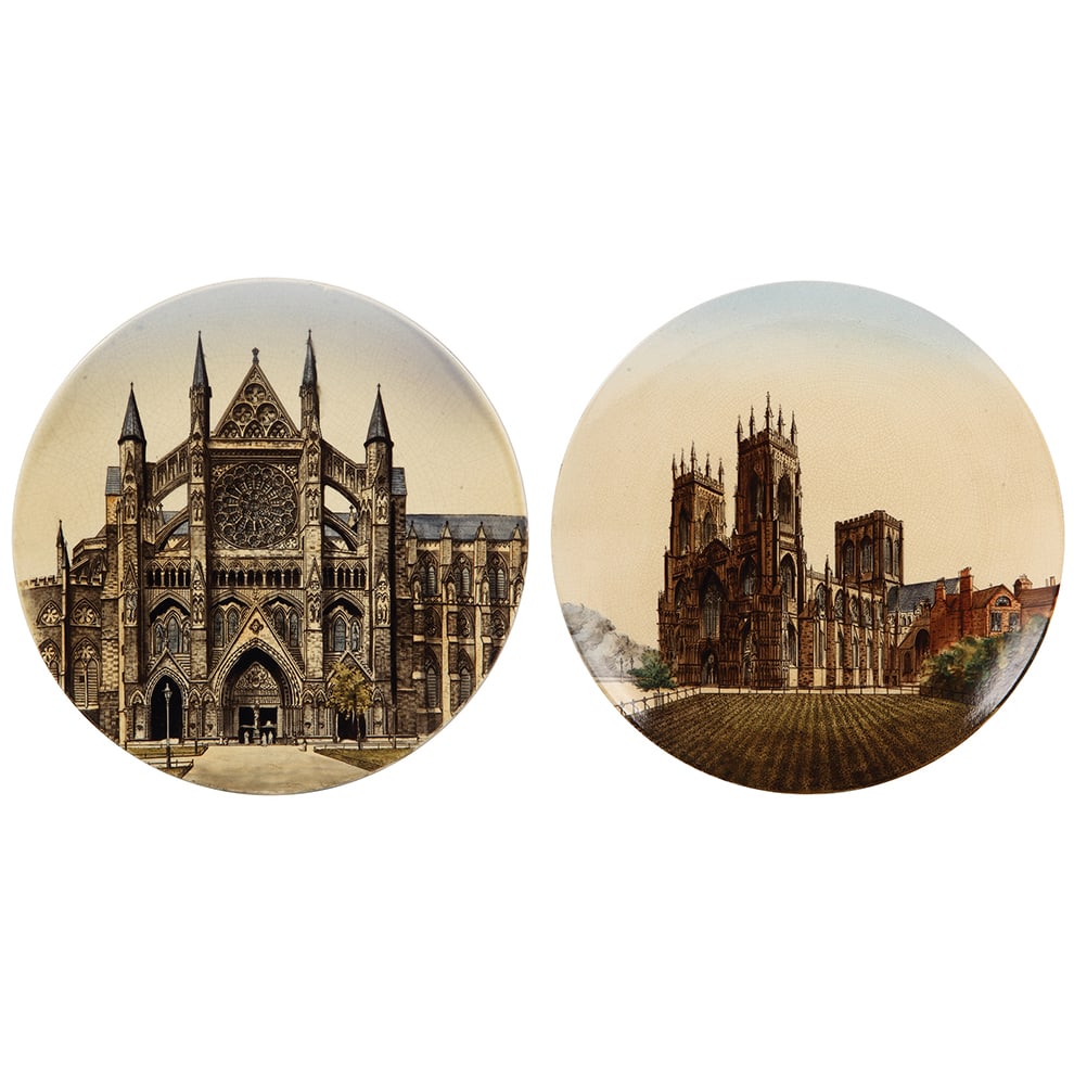 Mettlach plaques, pair, 14.0" d., 121/1044 & 122/1044, PUG.: Mettlach plaques, pair, 14.0" d., 121/1044 & 122/1044, PUG, Westminster Abbey & York Minster, rare, one with line on hanging rim, the other is mint.