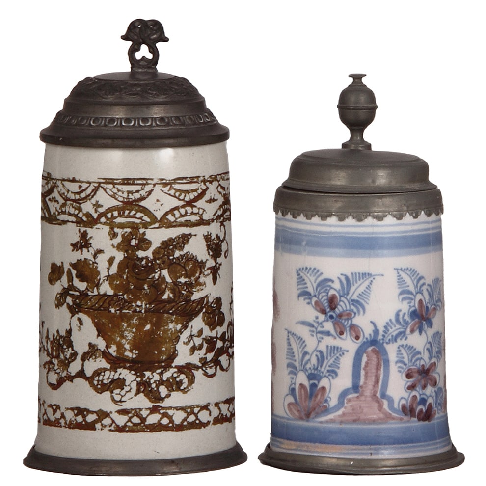Faience steins, two, early 1800s.: Faience steins, two, 9.2" ht., early 1800s, Schrezheimer Walzenkrug, cold-painted design, pewter footring & lid, paint wear; with, 8.1" ht., late 1700s, Bayreuther Walzenkrug, marked B. P., pewter
