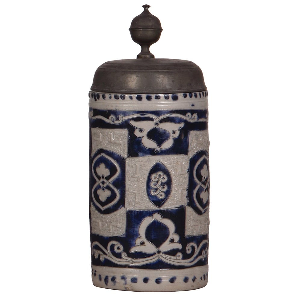 Westerwälder Walzenkrug, mid 1700s.: Westerwälder Walzenkrug, 11.0" ht., stoneware, mid 1700s, applied relief & incised blue saltglaze, pewter lid, excellent condition.